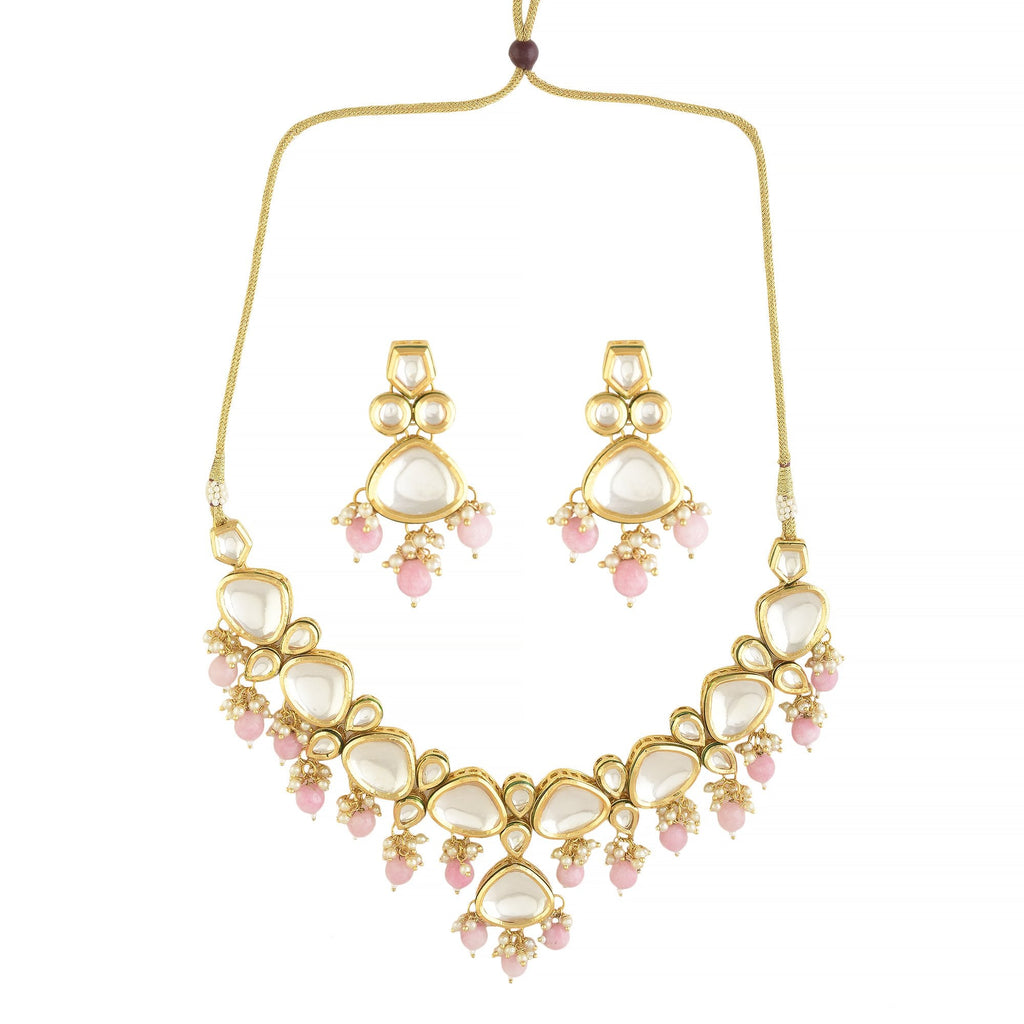 Peryl Women's Pearl & Pink Beaded Gold Tone Kundan Inspired Necklace With Earrings - Swadesiicart