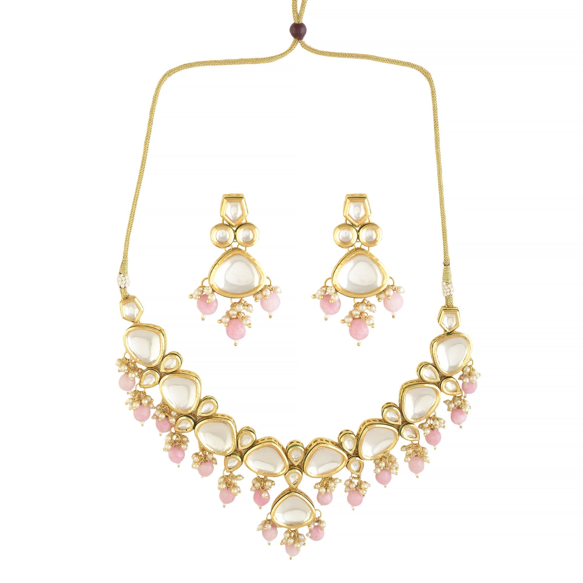 Peryl Women's Pearl & Pink Beaded Gold Tone Kundan Inspired Necklace With Earrings - Swadesiicart