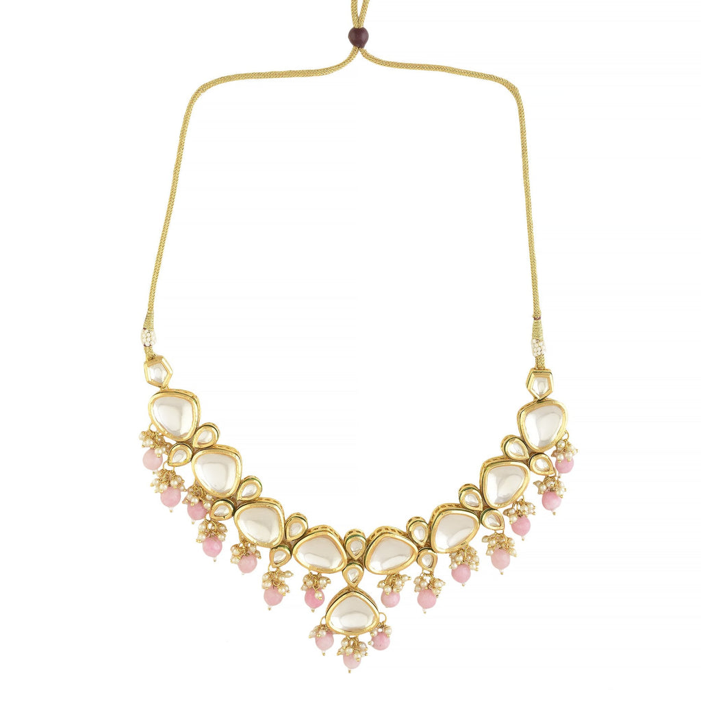 Peryl Women's Pearl & Pink Beaded Gold Tone Kundan Inspired Necklace With Earrings - Swadesiicart