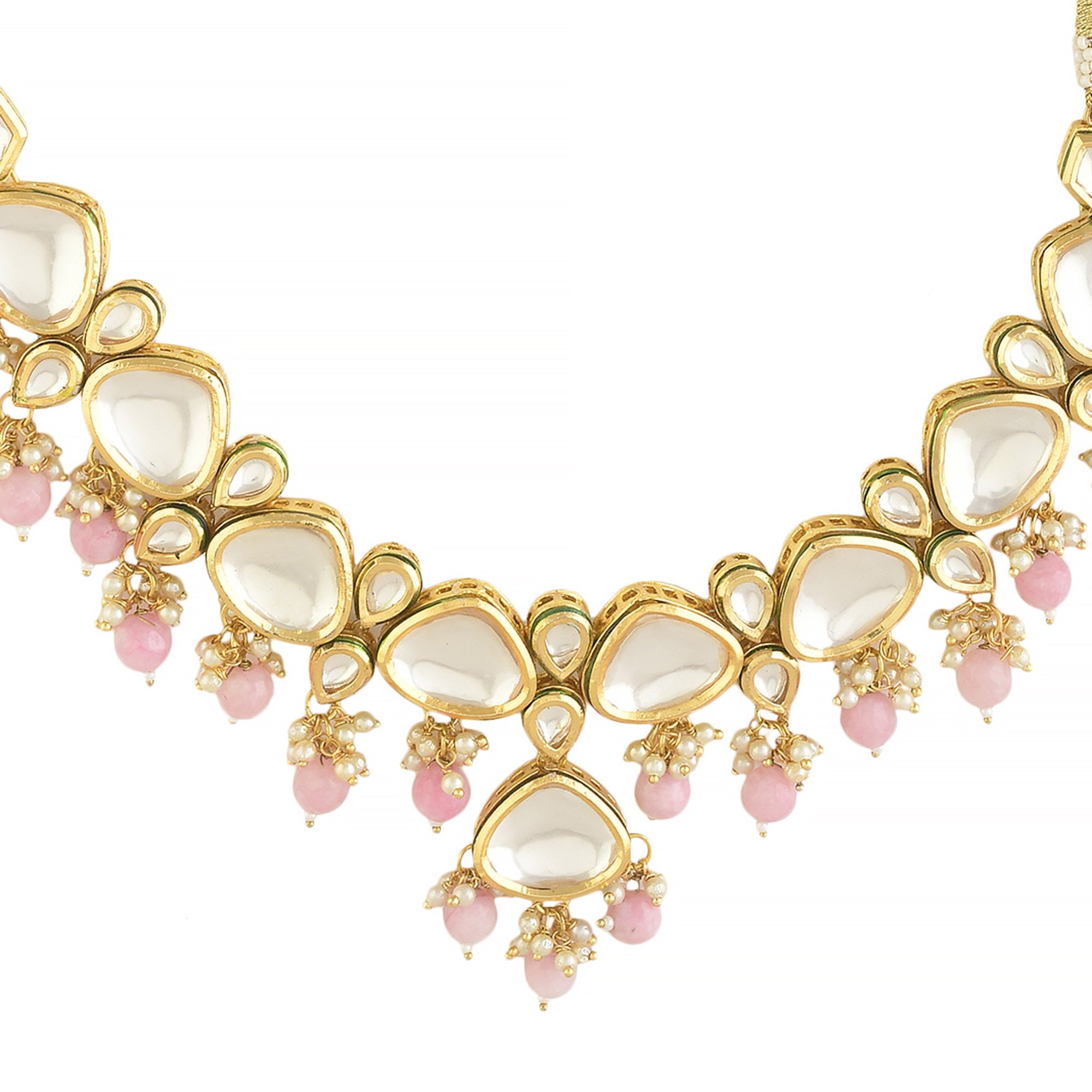 Peryl Women's Pearl & Pink Beaded Gold Tone Kundan Inspired Necklace With Earrings - Swadesiicart