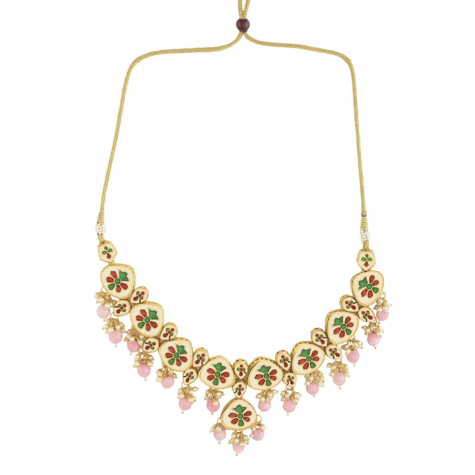 Peryl Women's Pearl & Pink Beaded Gold Tone Kundan Inspired Necklace With Earrings - Swadesiicart