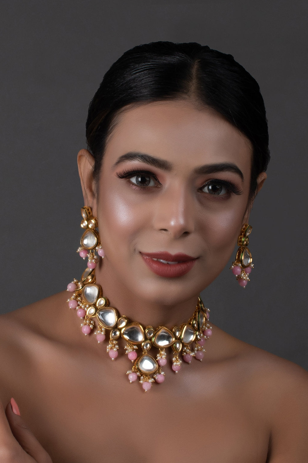 Peryl Women's Pearl & Pink Beaded Gold Tone Kundan Inspired Necklace With Earrings - Swadesiicart