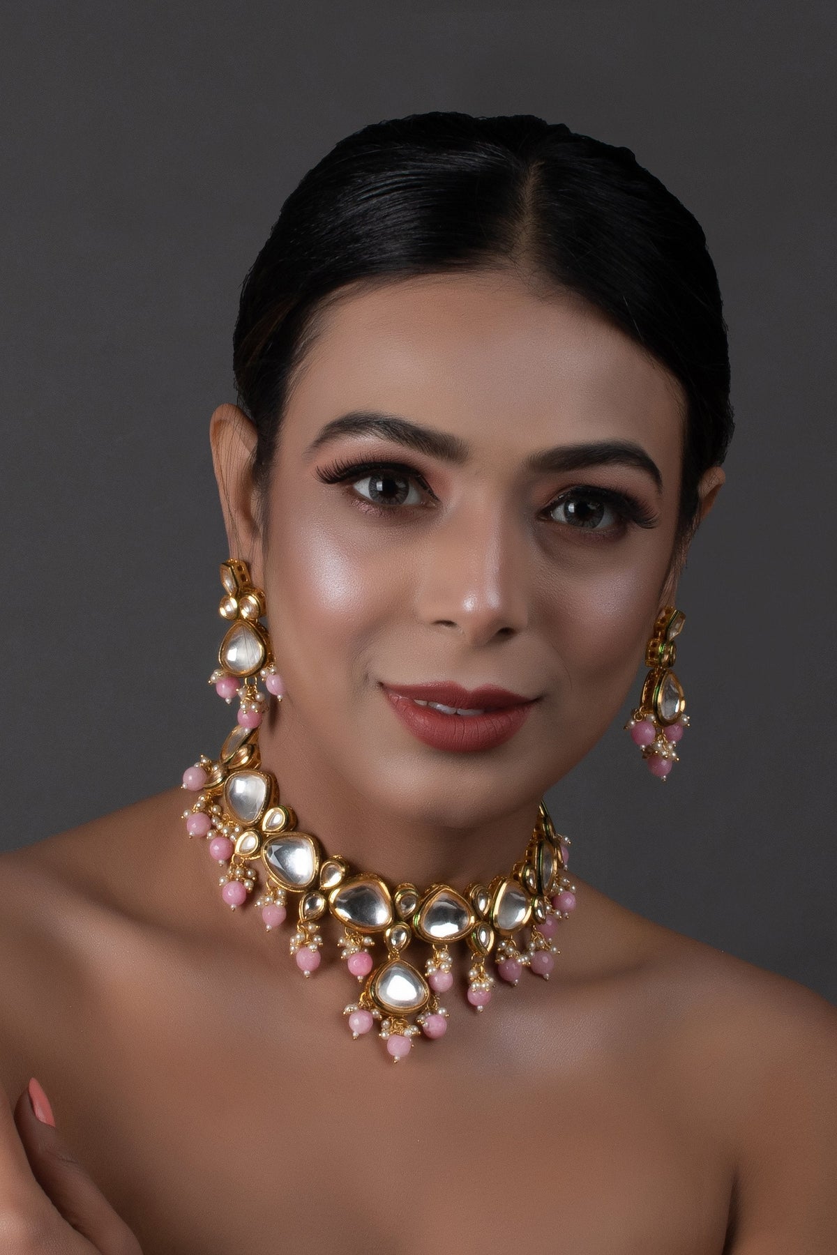 Peryl Women's Pearl & Pink Beaded Gold Tone Kundan Inspired Necklace With Earrings - Swadesiicart