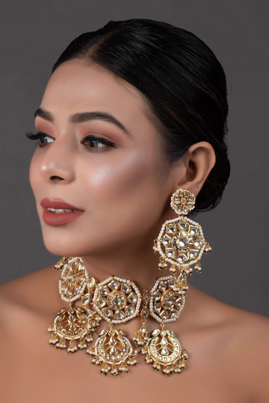 Peryl Women's Kundan Inspired Pearl Necklace With Earrings - Swadesiicart