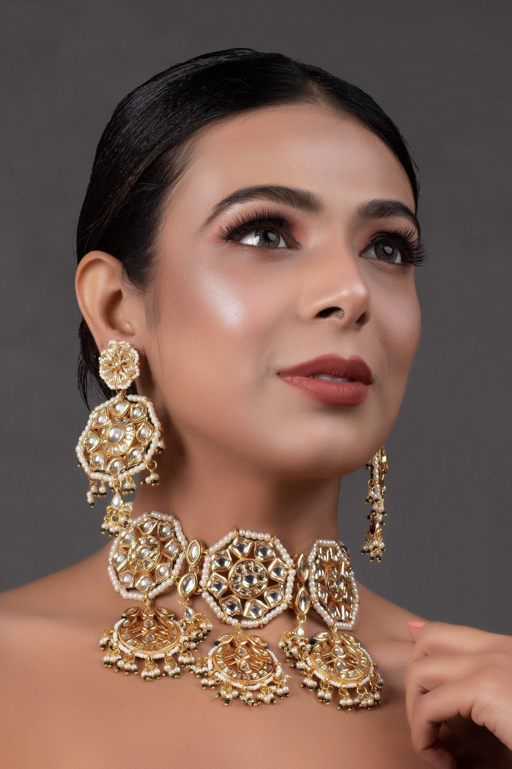 Peryl Women's Kundan Inspired Pearl Necklace With Earrings - Swadesiicart
