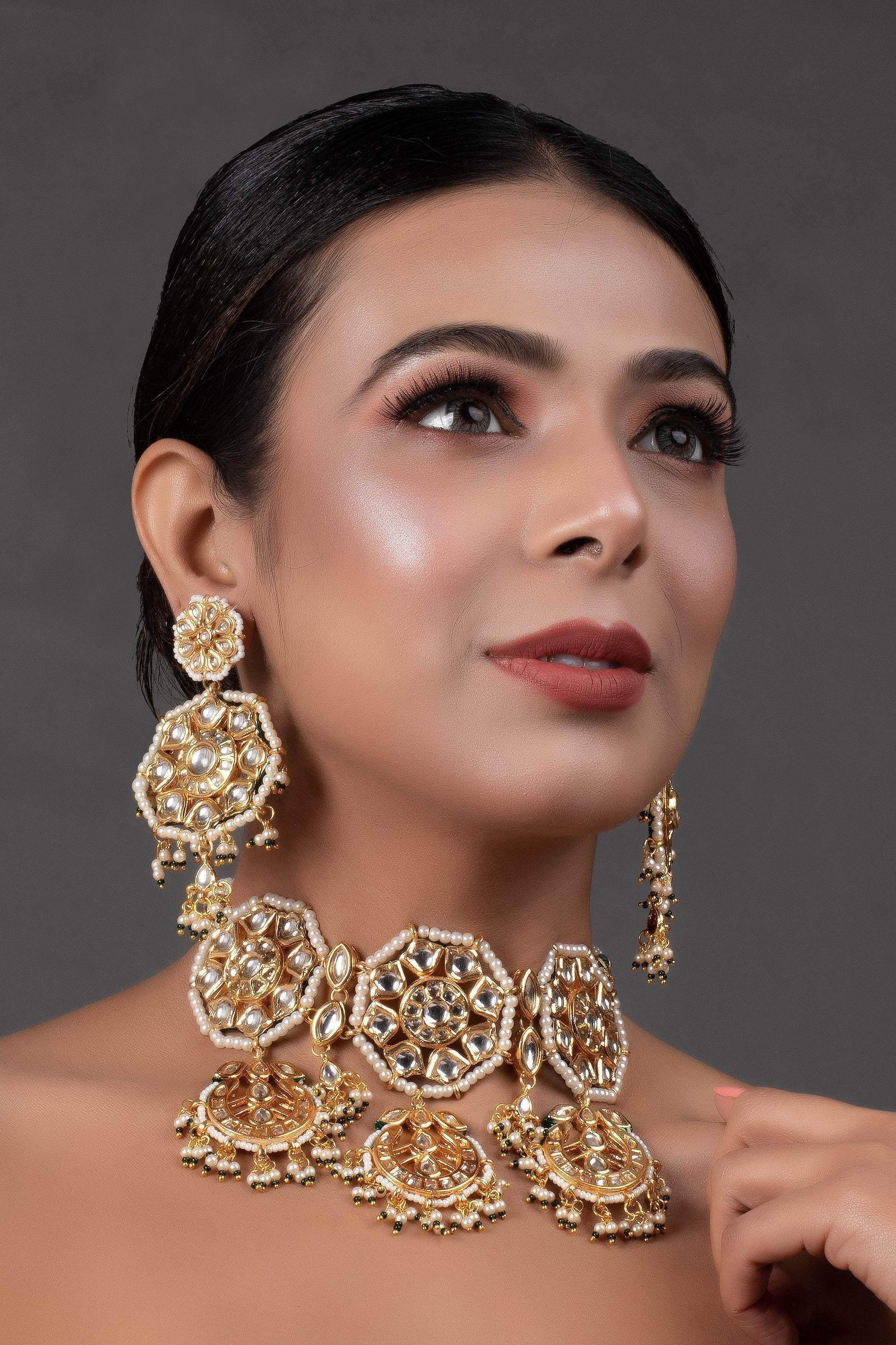 Peryl Women's Kundan Inspired Pearl Necklace With Earrings - Swadesiicart
