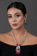 Peryl Women's Ruby Beaded Kundan Necklace With Earrings - Swadesiicart
