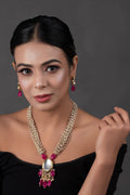 Peryl Women's Ruby Beaded Kundan Necklace With Earrings - Noz2Toz