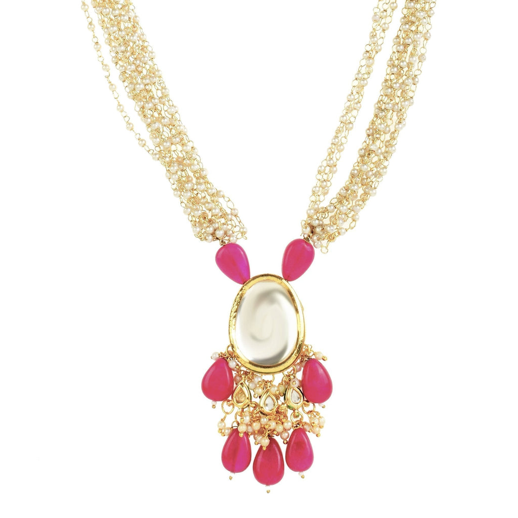 Peryl Women's Ruby Beaded Kundan Necklace With Earrings - Swadesiicart