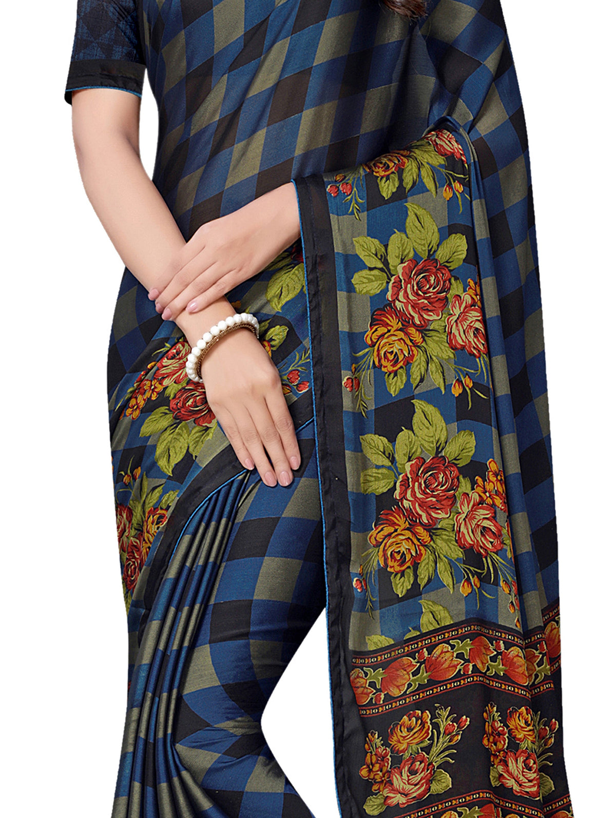 Vamika Black & Blue Desinger China Chifon With Piping And Lace Saree | Grocsy