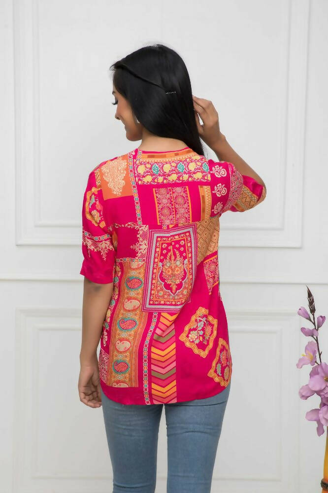 Myshka Women Red Floral Mandarin Collar Regular Sleeves Viscose Rayon Top | Grocsy