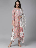 Yufta Peach Hand Block Printed Kurta with Trouser and Dupatta | Grocsy