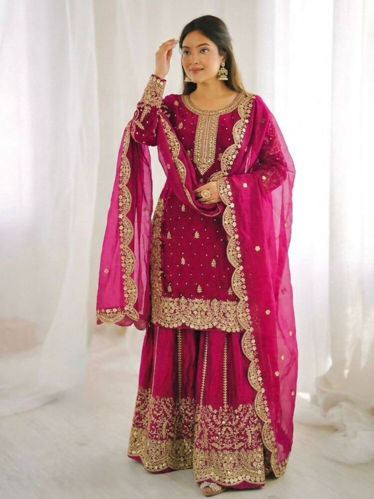 Teeya Creation Rani Color Fendy Silk Embroidery Work Wedding Wear Salwar Suit | Grocsy