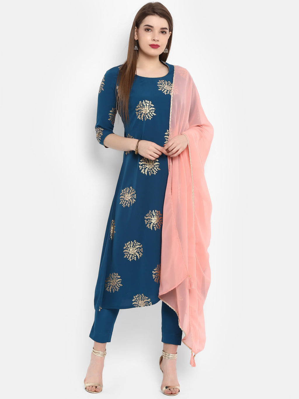 Janasya Teal Poly Crepe Gold Print Set | Grocsy
