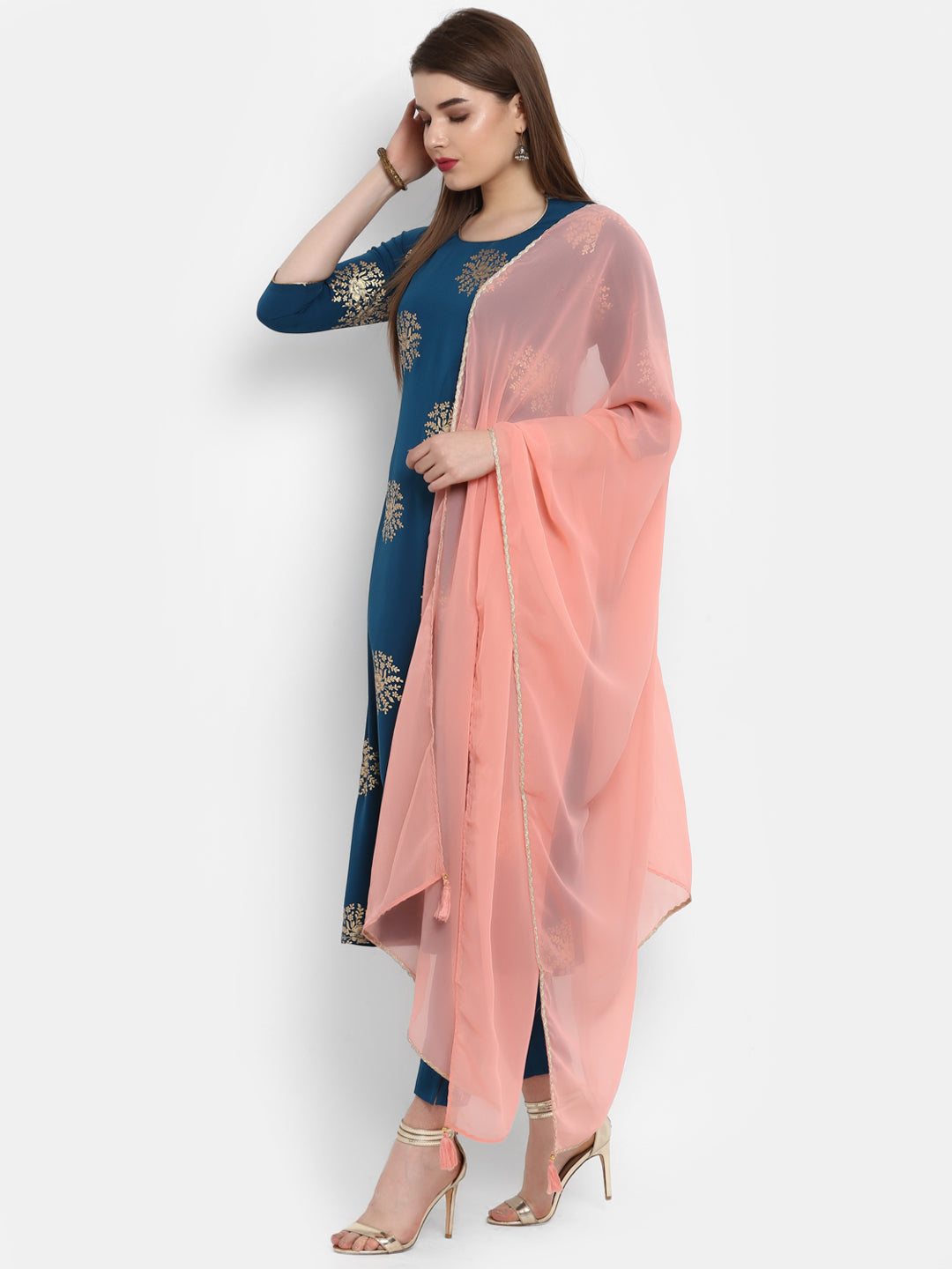 Janasya Teal Poly Crepe Gold Print Set | Grocsy
