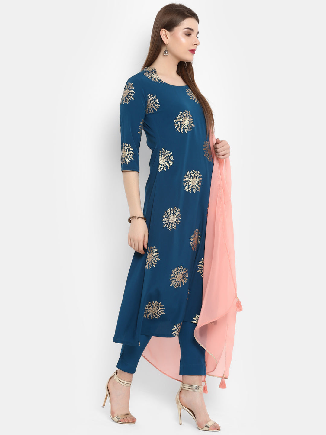 Janasya Teal Poly Crepe Gold Print Set | Grocsy
