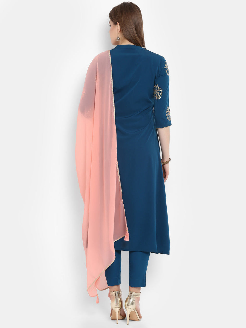 Janasya Teal Poly Crepe Gold Print Set | Grocsy