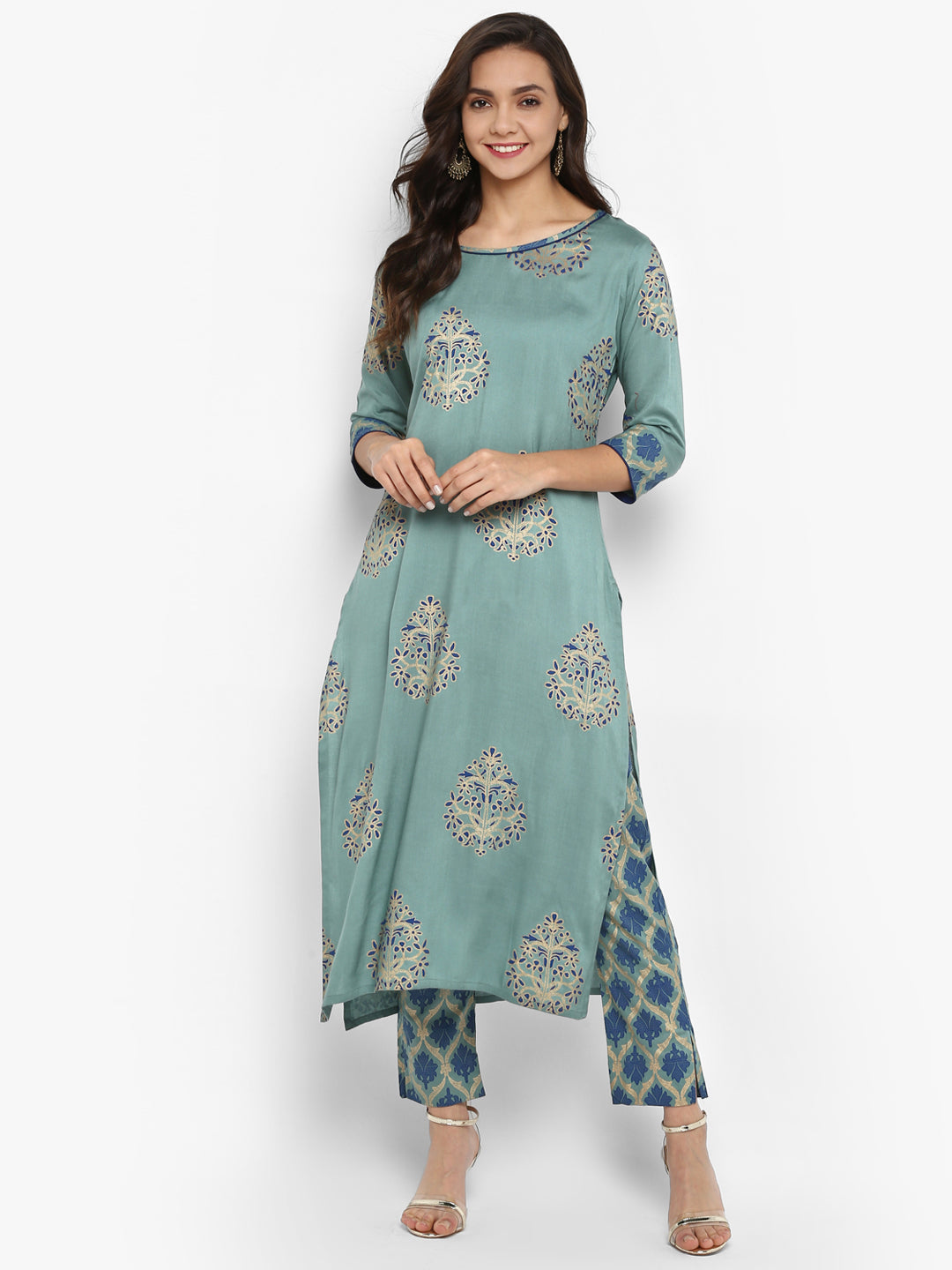 Janasya Turquoise Green Rayon Foil Print Set | Grocsy
