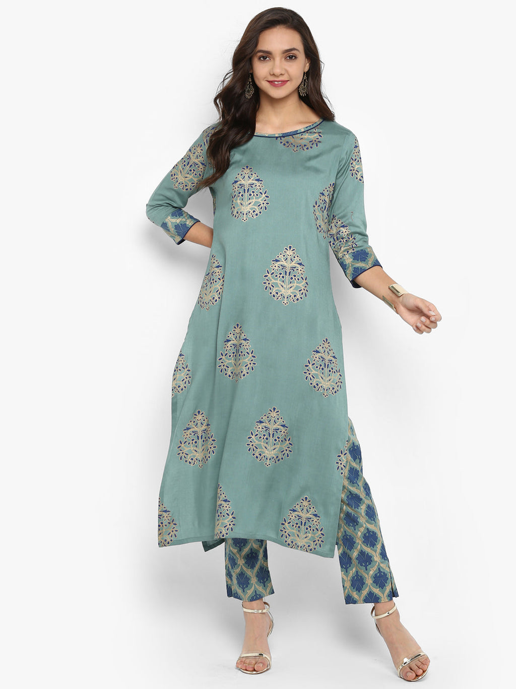 Janasya Turquoise Green Rayon Foil Print Set | Grocsy