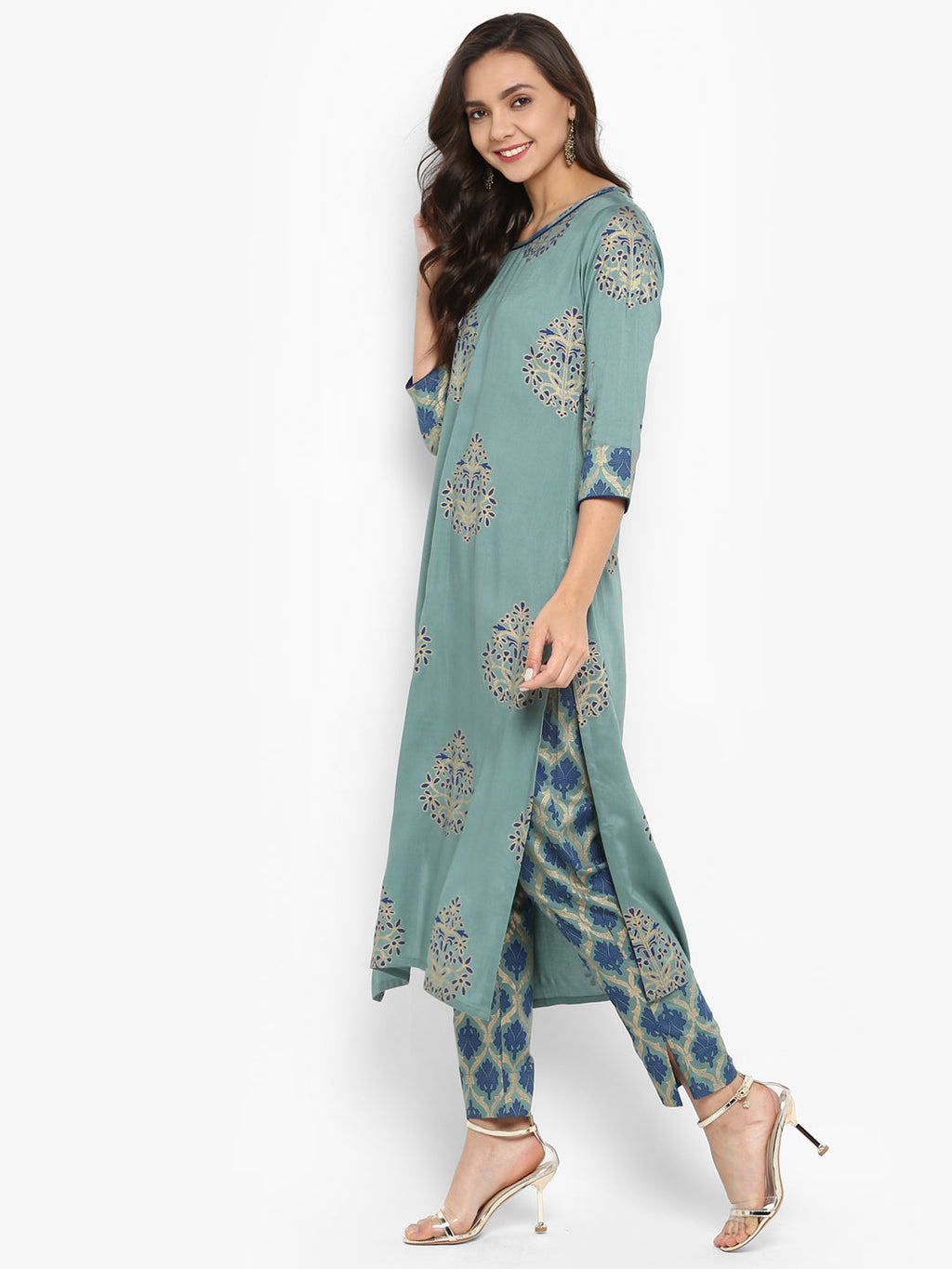 Janasya Turquoise Green Rayon Foil Print Set | Grocsy