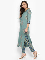 Janasya Turquoise Green Rayon Foil Print Set | Grocsy