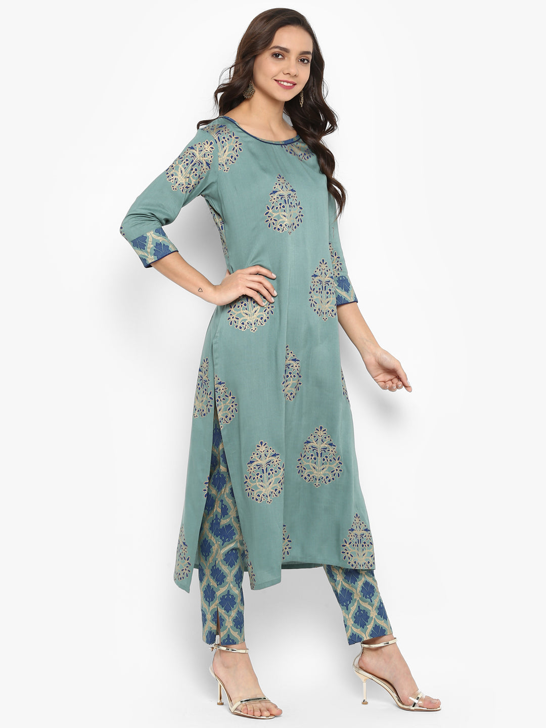 Janasya Turquoise Green Rayon Foil Print Set | Grocsy