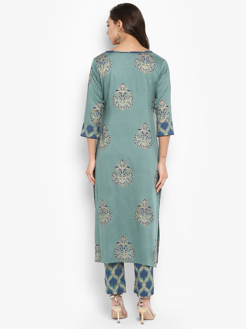 Janasya Turquoise Green Rayon Foil Print Set | Grocsy