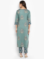 Janasya Turquoise Green Rayon Foil Print Set | Grocsy