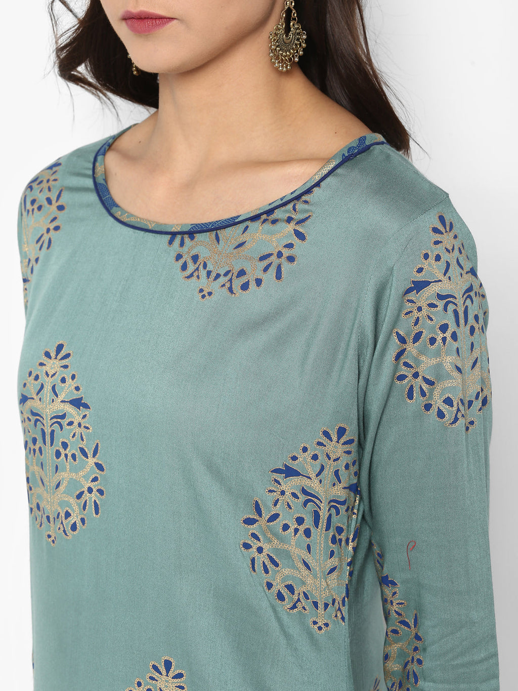 Janasya Turquoise Green Rayon Foil Print Set | Grocsy