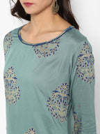 Janasya Turquoise Green Rayon Foil Print Set | Grocsy