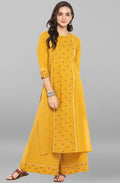 Janasya Women's Mustard Cotton Embroidered Kurta With Palazzo | Grocsy