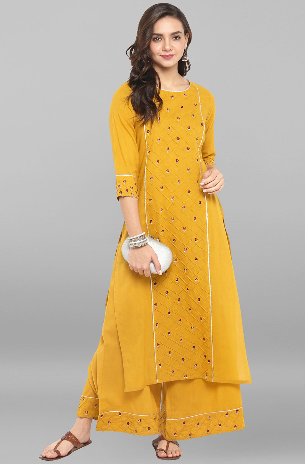 Janasya Women's Mustard Cotton Embroidered Kurta With Palazzo | Grocsy