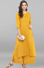 Janasya Women's Mustard Cotton Embroidered Kurta With Palazzo | Grocsy