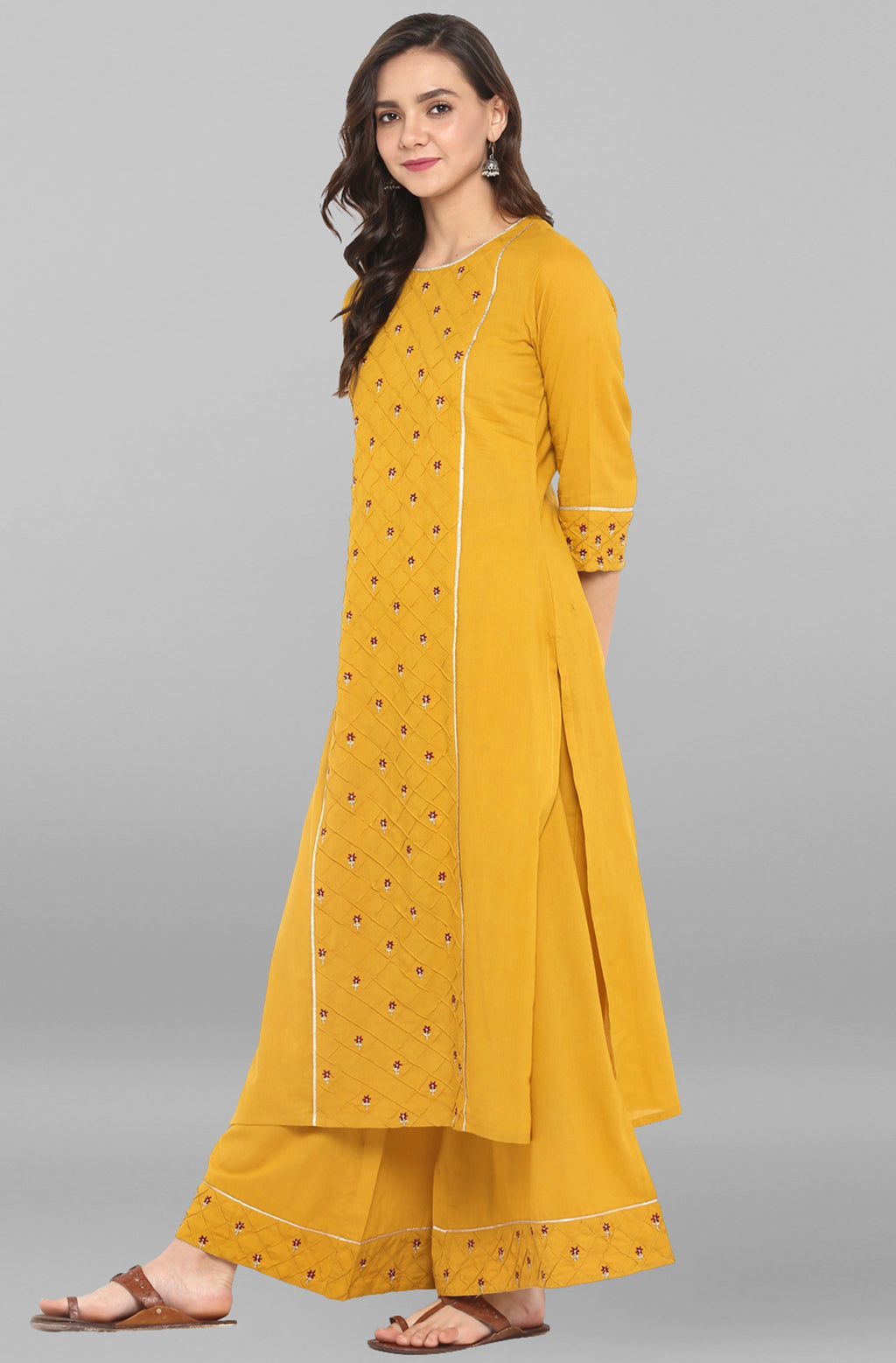 Janasya Women's Mustard Cotton Embroidered Kurta With Palazzo | Grocsy