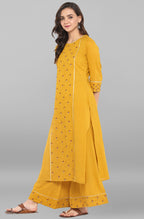 Janasya Women's Mustard Cotton Embroidered Kurta With Palazzo | Grocsy