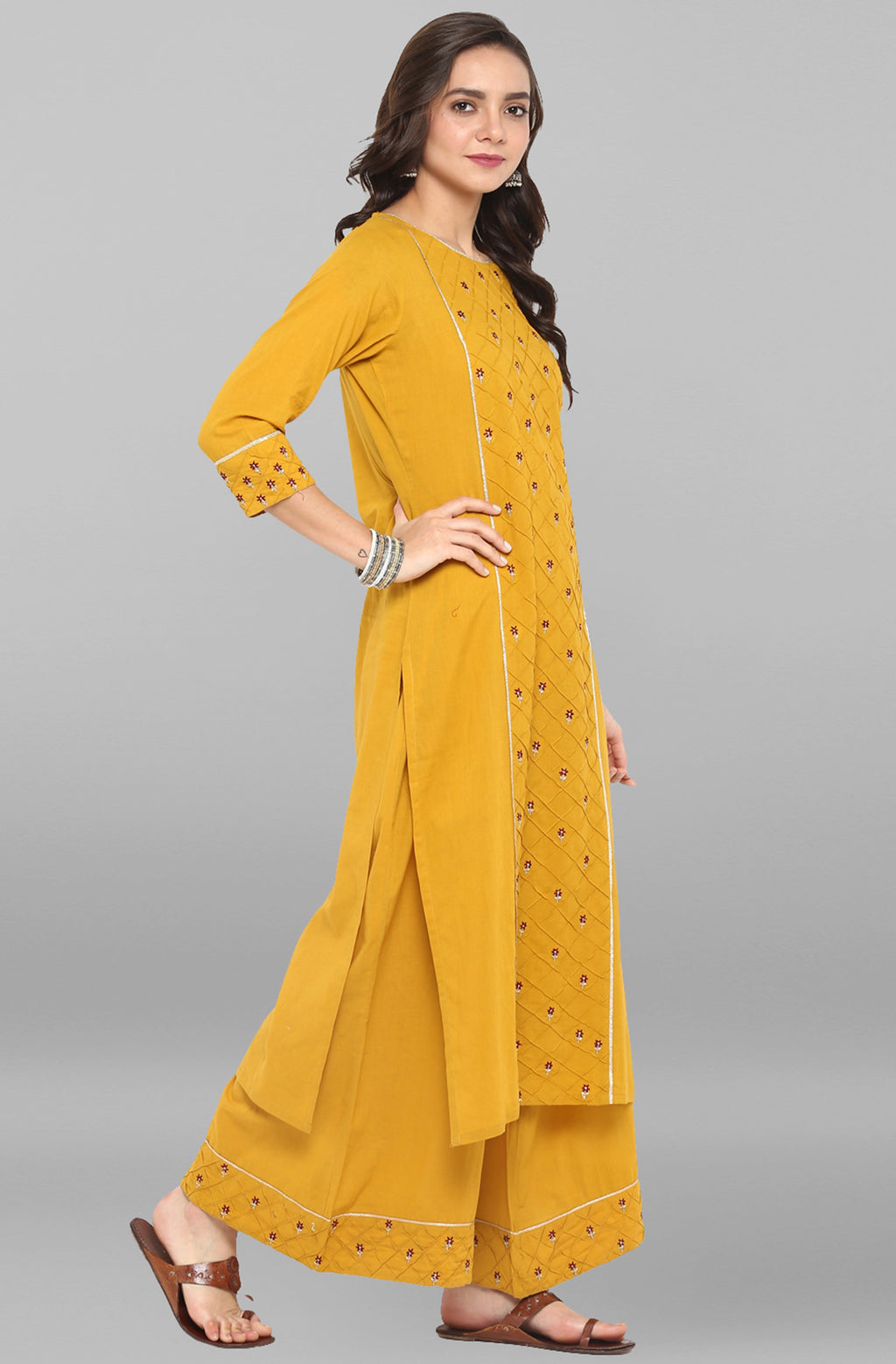 Janasya Women's Mustard Cotton Embroidered Kurta With Palazzo | Grocsy