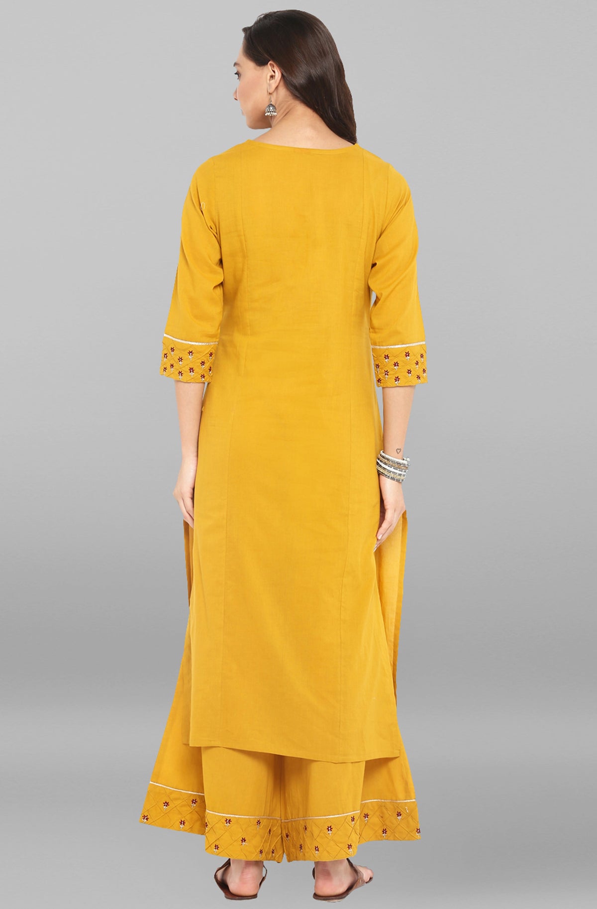 Janasya Women's Mustard Cotton Embroidered Kurta With Palazzo | Grocsy