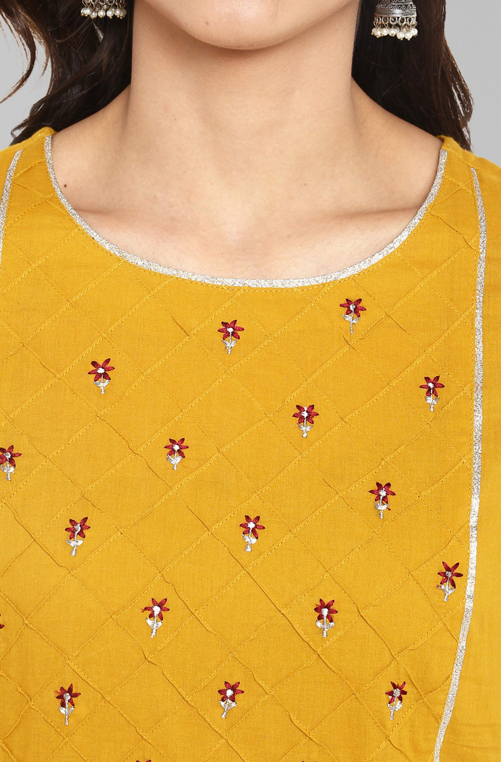 Janasya Women's Mustard Cotton Embroidered Kurta With Palazzo | Grocsy