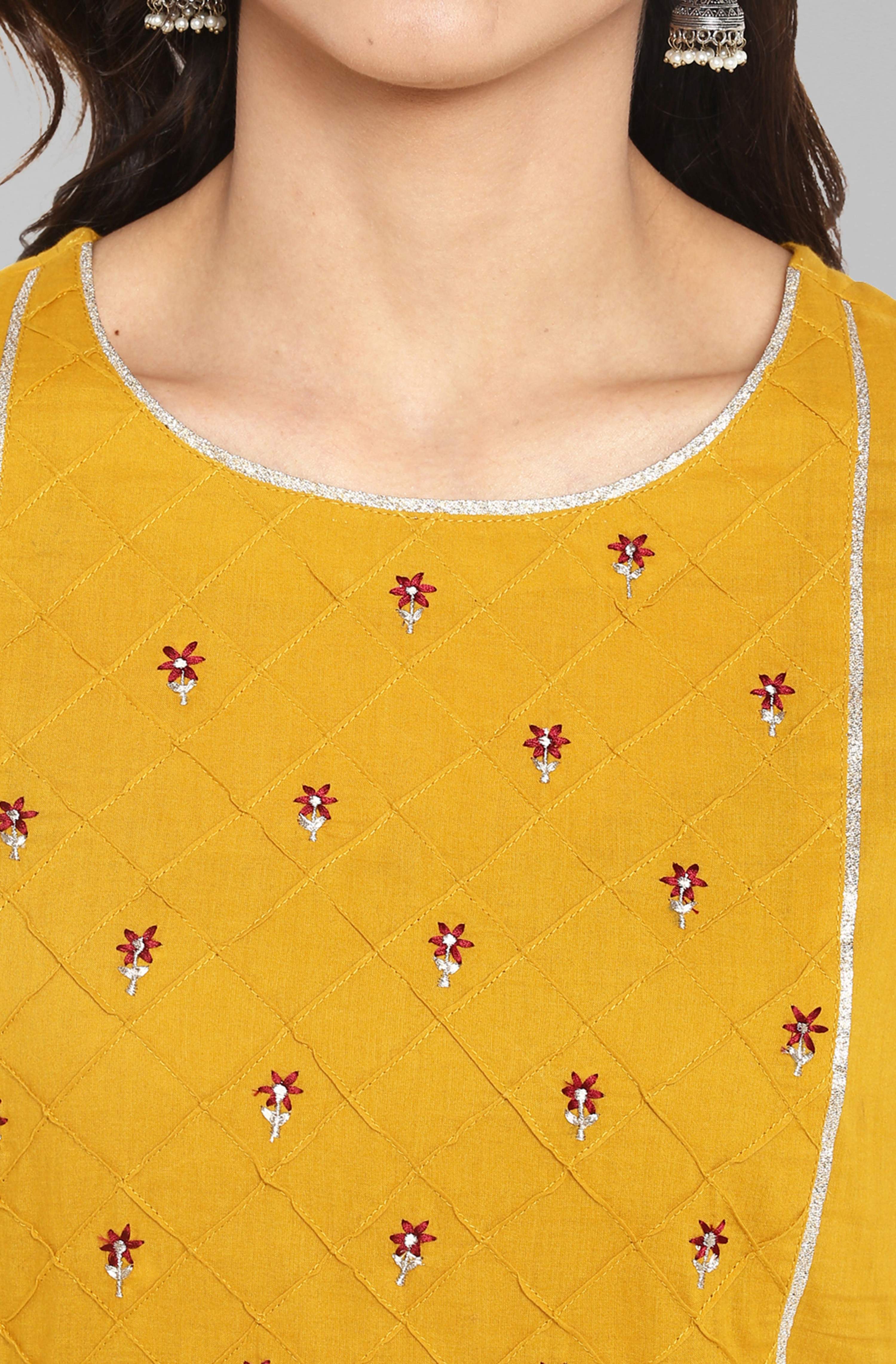 Janasya Women's Mustard Cotton Embroidered Kurta With Palazzo | Grocsy