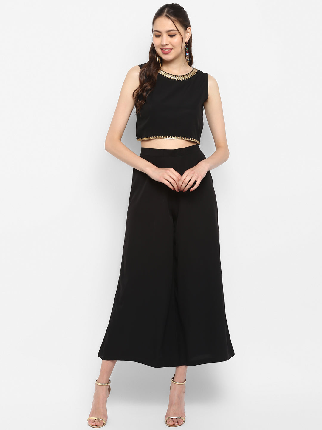 Janasya Black Poly Crepe Gold Print Set | Grocsy