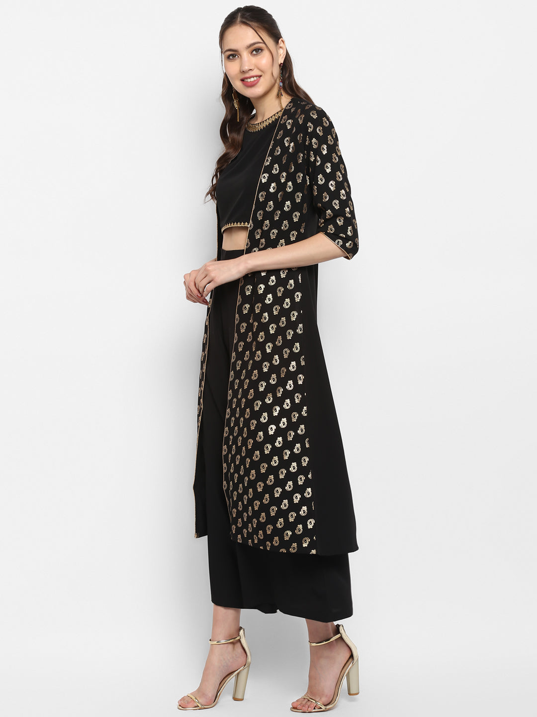 Janasya Black Poly Crepe Gold Print Set | Grocsy