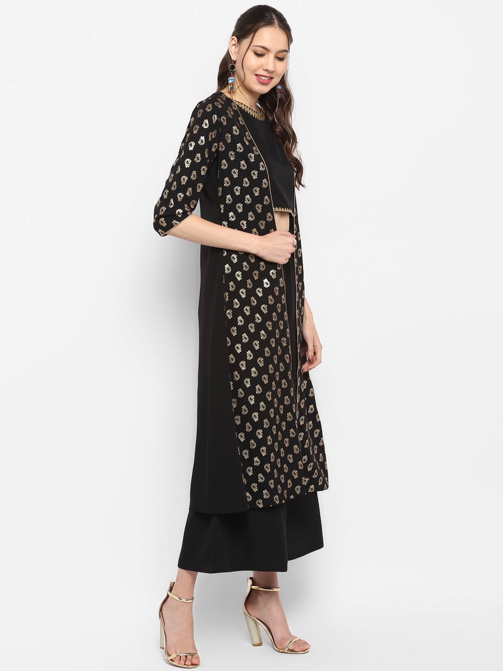 Janasya Black Poly Crepe Gold Print Set | Grocsy