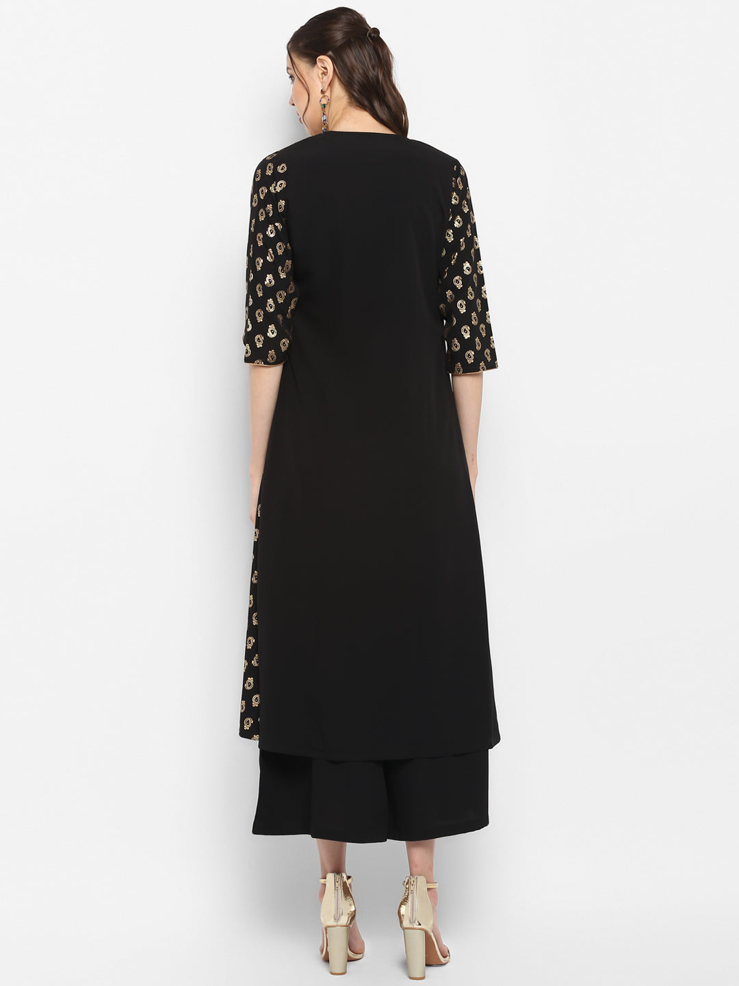 Janasya Black Poly Crepe Gold Print Set | Grocsy