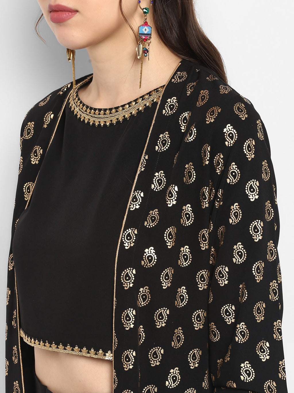 Janasya Black Poly Crepe Gold Print Set | Grocsy