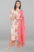 Janasya Women's Lilac Cotton Block Print Kurta With Palazzo And Dupatta | Grocsy