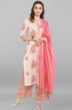 Janasya Women's Lilac Cotton Block Print Kurta With Palazzo And Dupatta | Grocsy