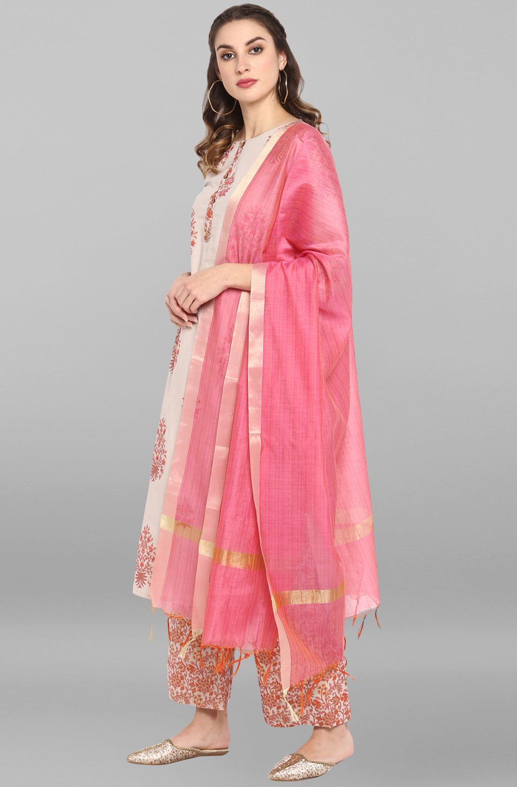 Janasya Women's Lilac Cotton Block Print Kurta With Palazzo And Dupatta | Grocsy