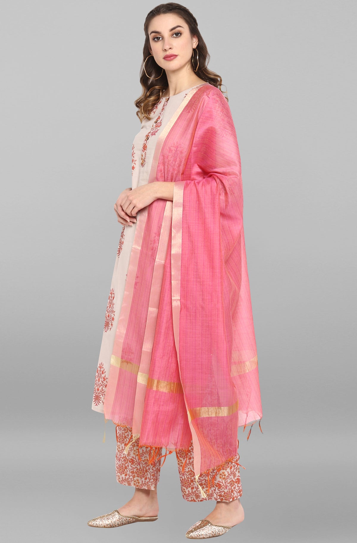 Janasya Women's Lilac Cotton Block Print Kurta With Palazzo And Dupatta | Grocsy