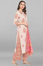 Janasya Women's Lilac Cotton Block Print Kurta With Palazzo And Dupatta | Grocsy