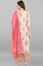 Janasya Women's Lilac Cotton Block Print Kurta With Palazzo And Dupatta | Grocsy